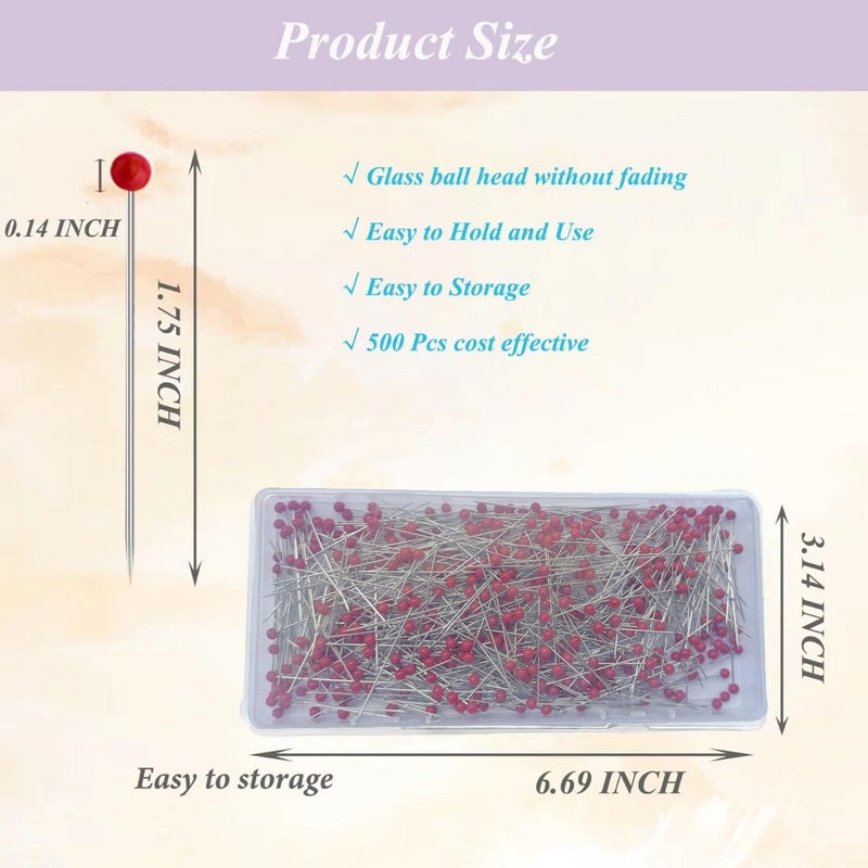 Sunenlyst 500 PCS Sewing Pins, 1.75IN Quilting Pins Long Red Glass Ball Head Straight Pins for Fabric, Stainless Steel Dressmaker for Sewing, Crafts, Jewelry Making, DIY - Image 3